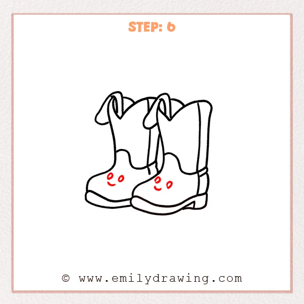 how to draw a cowboy boots - Step 6 of how to draw cowboy boots adds simple cartoon faces—two small eyes and a curved smile—on the front of each boot.